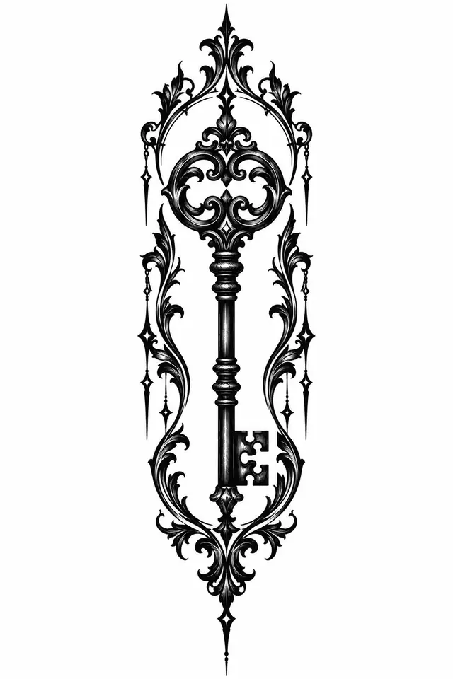 Blackwork Victorian gothic tattoo design for the spine