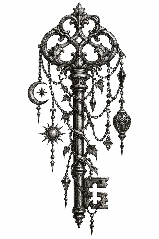 Engraving-style Victorian gothic tattoo design for the upper arm (half sleeve)