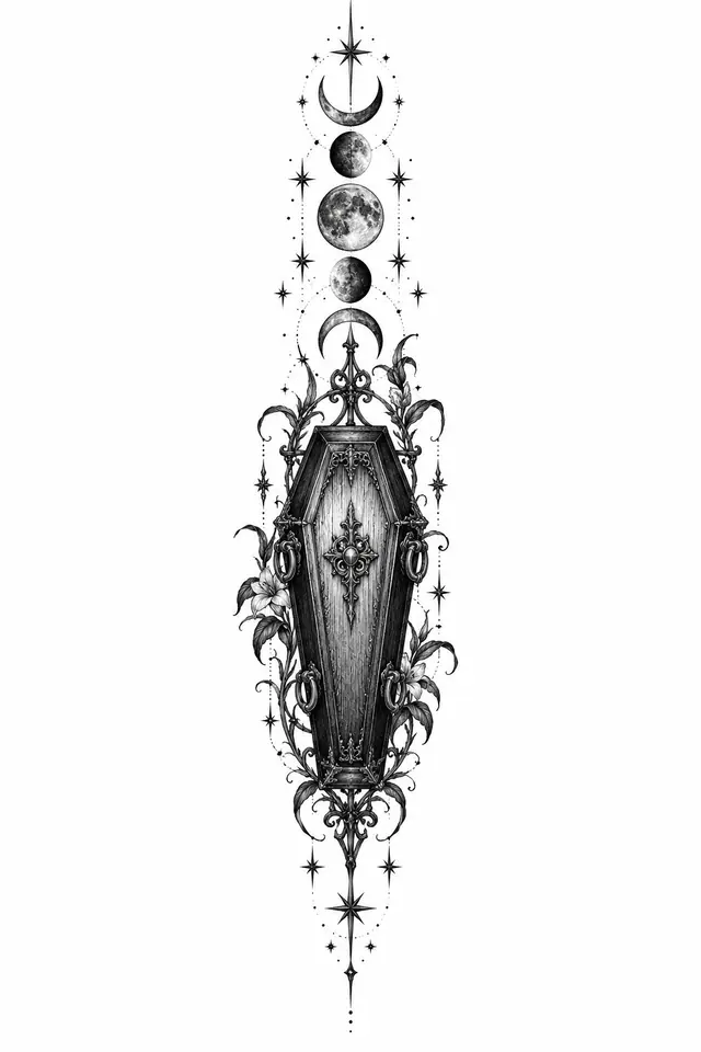 Engraving-style Victorian gothic tattoo design for the spine