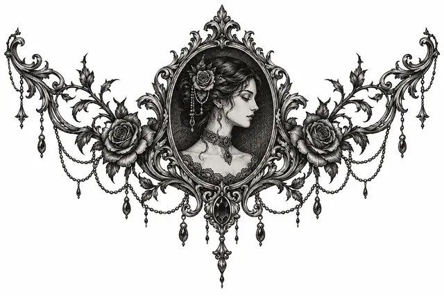 Engraving-style Victorian gothic tattoo design for the throat
