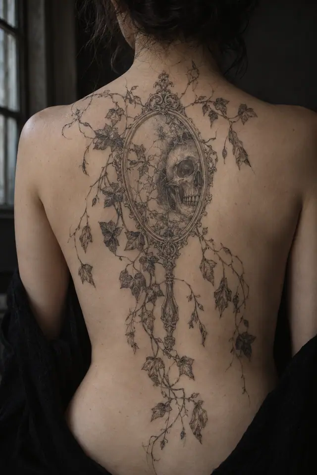 Fine-line Victorian gothic tattoo on the back