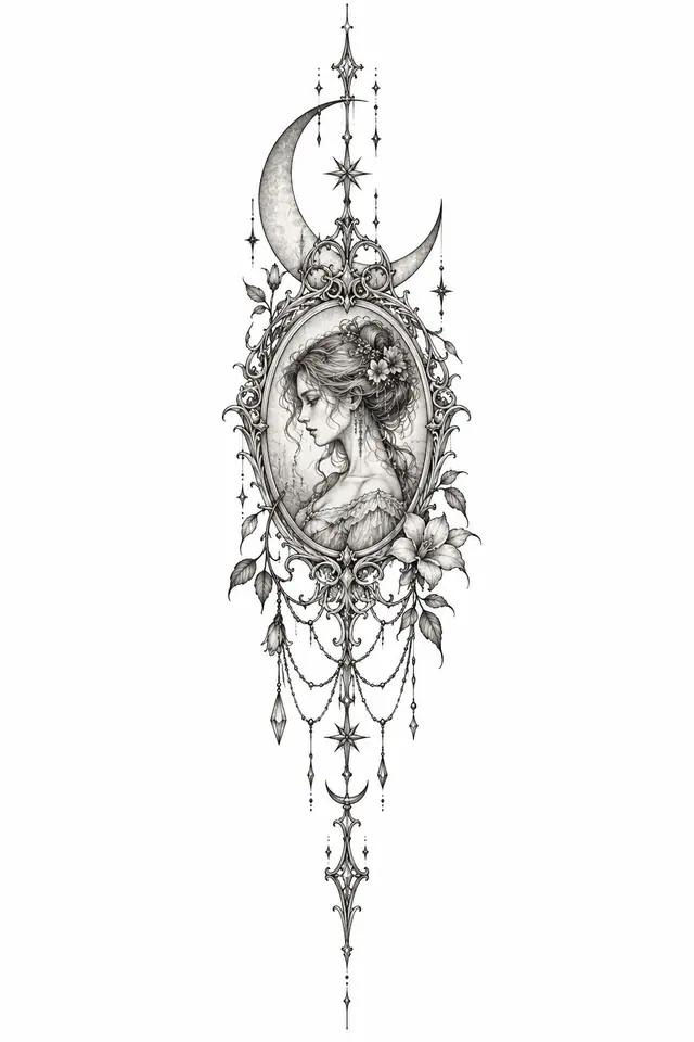 Fine-line Victorian gothic tattoo design for the spine