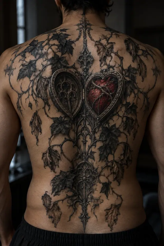 Red and black Victorian gothic tattoo on the back