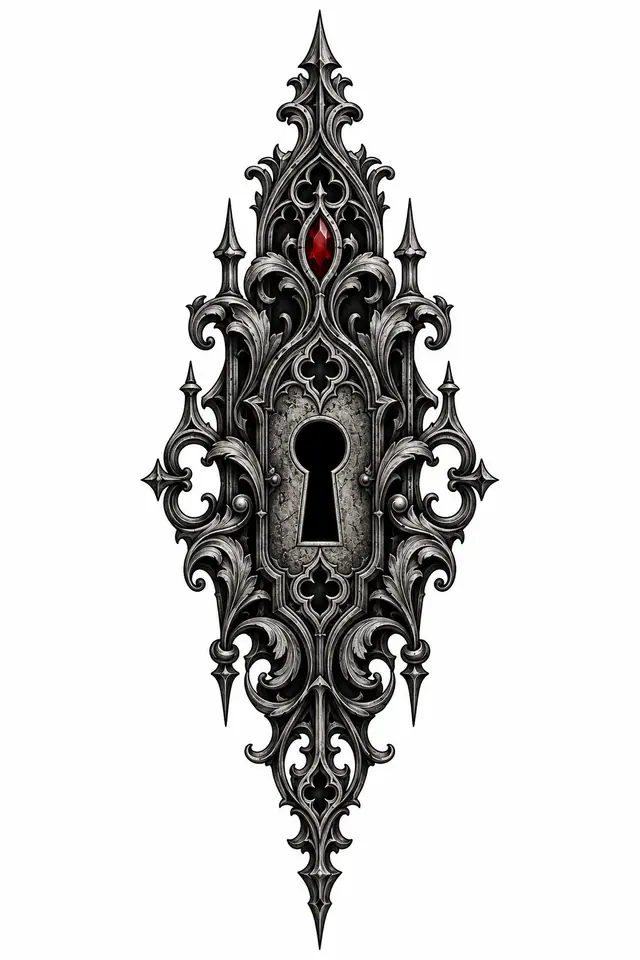 Red and black Victorian gothic tattoo design for the calf